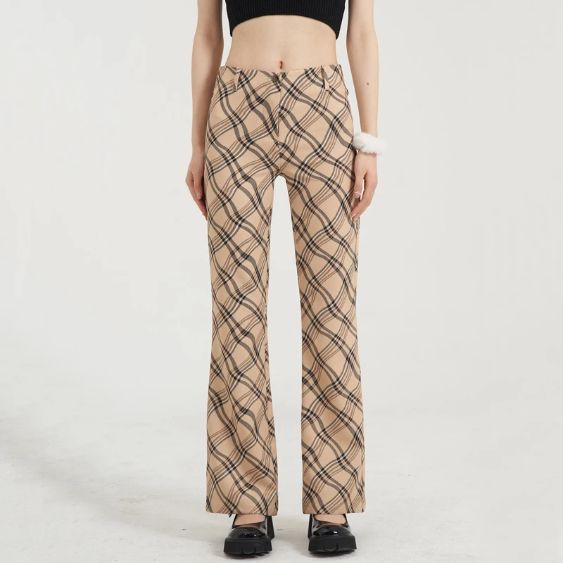 

WOMENGAGA Women Straight Leg Plaid Trousers With Belt Loops Side Pockets Two Back Pockets Pants YO1O