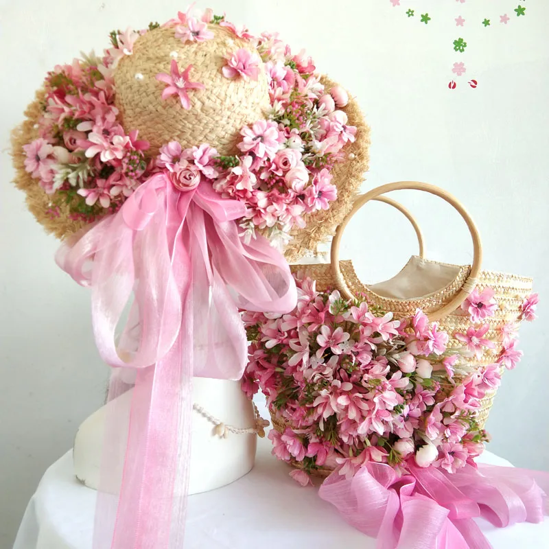 HIGHEND CUSTOM Hand Made Flower Beach Straw Bag Top Handle Tote Multicolor Flower and Ribbon Rattan Handbag Hat Suit for Summer