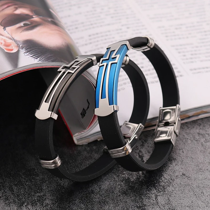 

JOINBEAUTY Christian Black Silicone Stainless Steel Cross Bangles Fashion Men Wristband Bracelet Religion Jewelry HY001