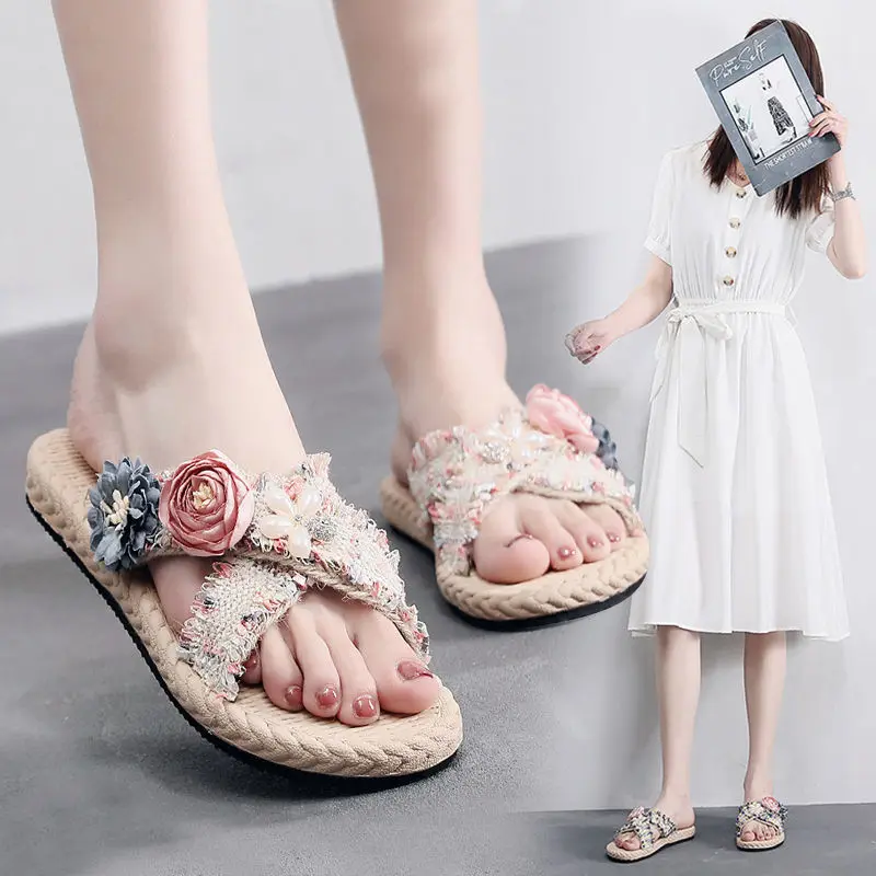 

Women Flower Slippers Summer Casual Slides Beach Shoes Ladies Outdoor Soft Slippers Bohemia Floral Flip Flops Sandals Size 35-43