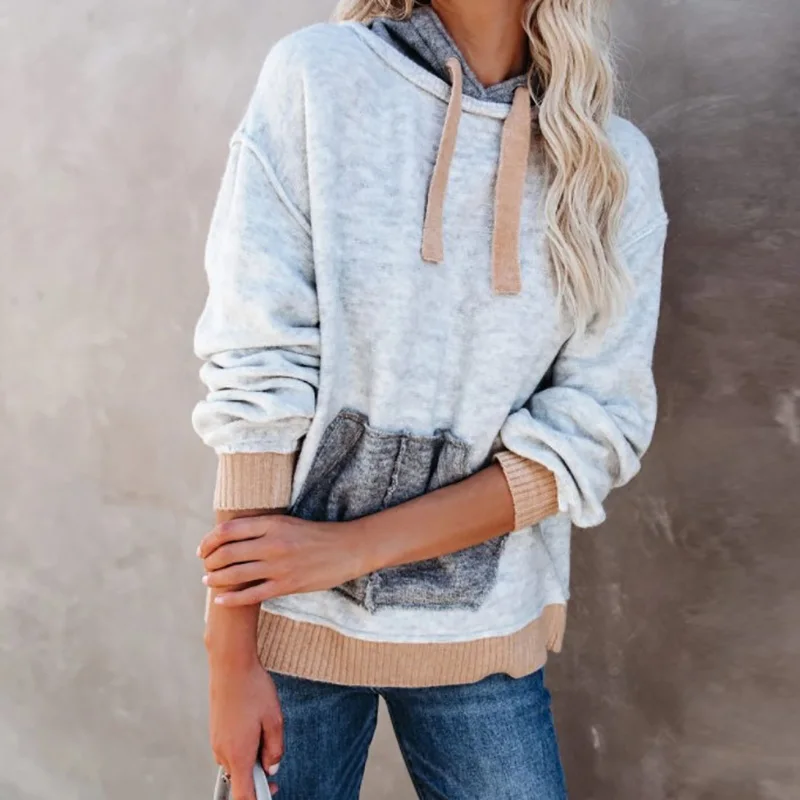 

Women Casual Hooded Drawstring Pullover Spring Autumn Pocket Long-Sleeve Streetwear Elegant Retro Female Patchwork Sweatshirts