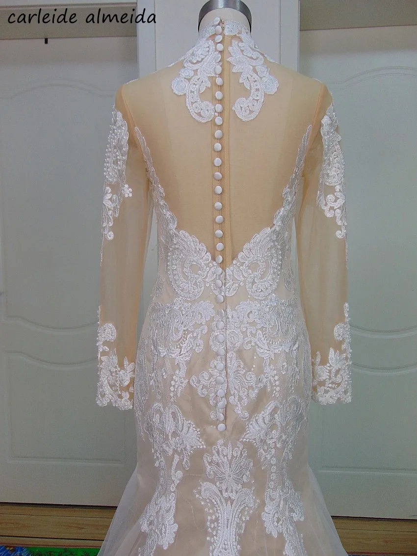 Vestido de noiva, свадебное платье с длинным рукавом, Русалка,, высокая горловина, Кружевная аппликация, Trouwjurk