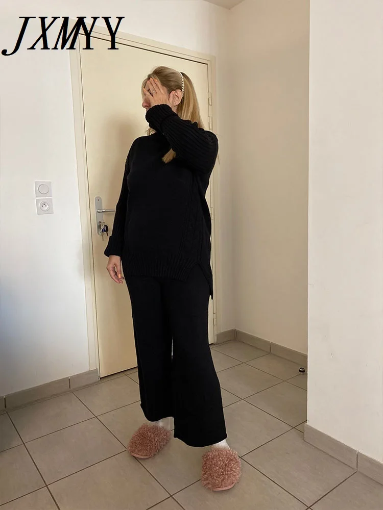 Qiu Dong Han Edition Turtleneck Split With Thick Sweater Wide-Legged Pants Two-Piece Goddess Languid Is Lazy Wind Loose Knitted |