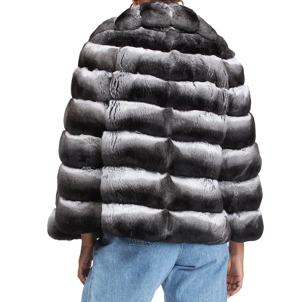 2022 New Natural Rex Rabbit Fur Coat for Women Fashion Winter Whole Skin Genuine Rex Rabbit Fur Jacket Chinchilla Color Outwear