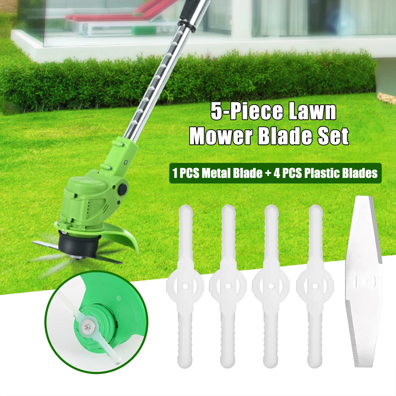 

5-Piece Lawn Mower Blade Set Includes 1 PCS Metal Blade and 4 PCS Plastic Blades Grass Trimmer Weeder Blades Replacement
