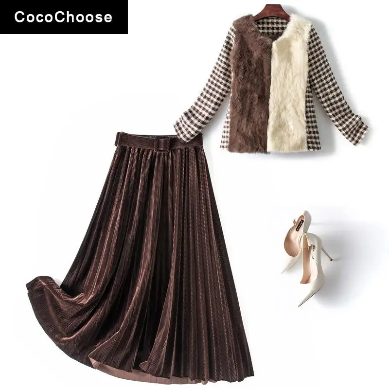 

Женский твидовый костюм из двух предметов, теплая клетчатая куртка из кроличьего меха и длинная бархатная юбка, роскошный комплект из двух ...