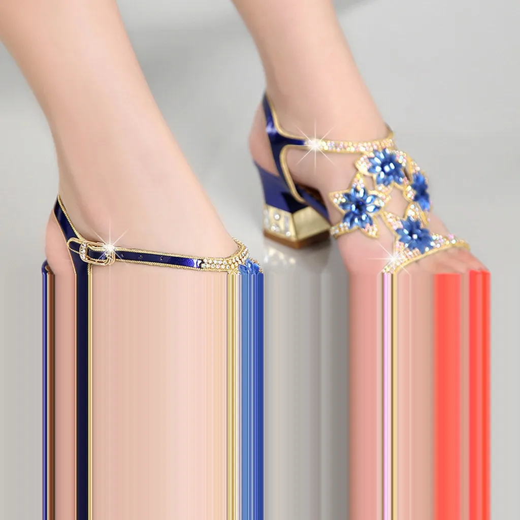 Роскошные женские босоножки на блочном каблуке 2020 Женские сандалии со стразами