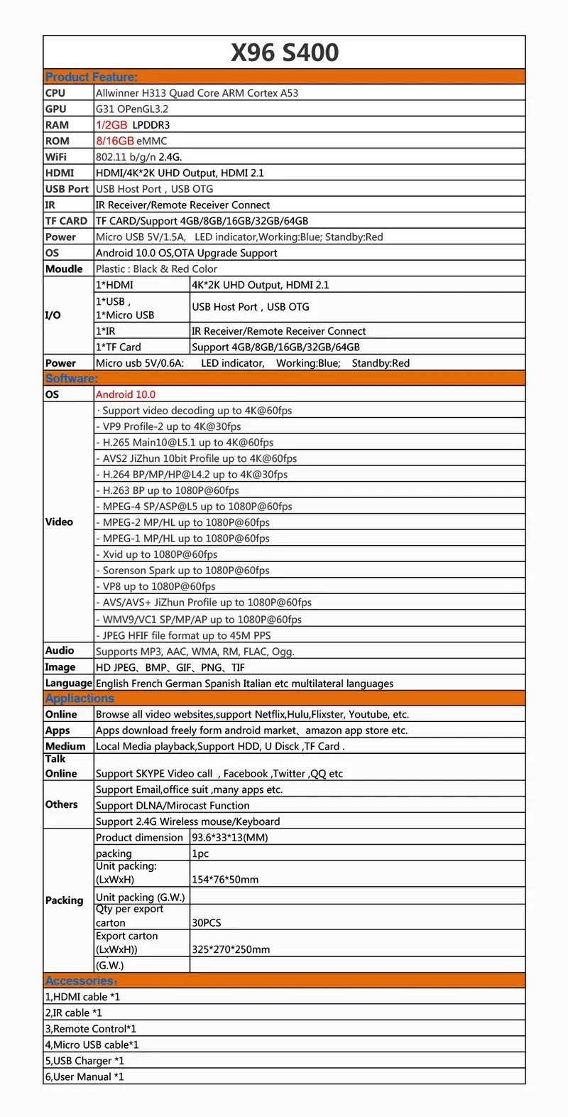 

X96 S400 1GB 8GB Wifi Android TV Box Stick H313 Quad Core Smart tv box Android 10 4k Media Player And NOKE