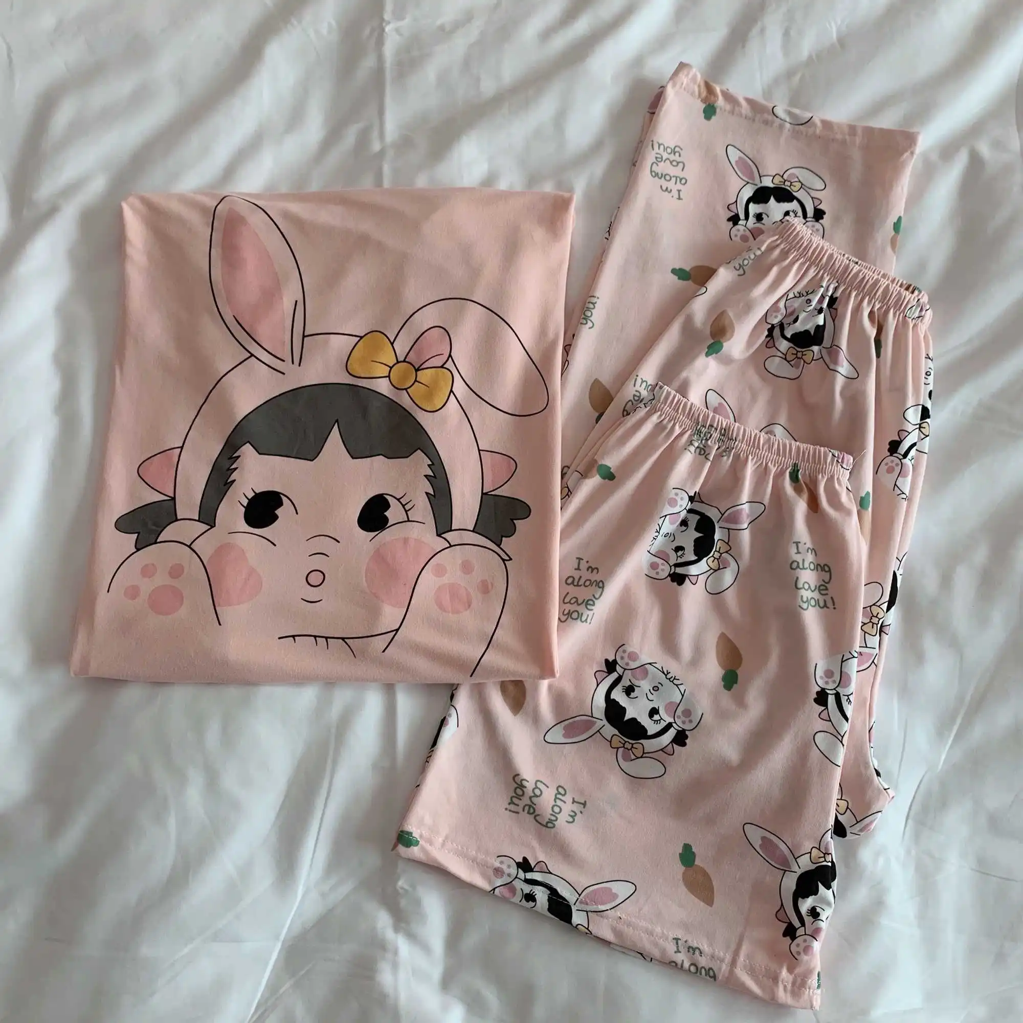 

Candy cartoon female homewear short sleeve ensemble shorts 2 piece pink pyjamas girls nightwear y857