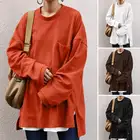 Толстовка ZANZEA женская с разрезом, стильный Повседневный свитшот с длинным рукавом, пуловер, топ с круглым вырезом, туника оверсайз, осень 2021