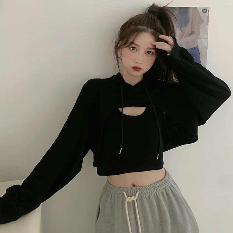 

ZOGAA 2PCS Vest+Top Long Sleeve Grey Cropped Hoodie Women Autumn Winter Pullover Short Sweatshirt PlushCotton Sweatshirt Tops