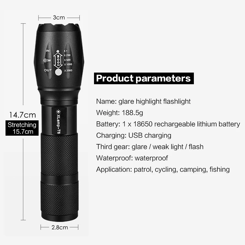 LSL LED Outdoor Waterproof Flashlight Portable USB Rechargeable T6 Tactical Hand Torch With Mobile Power for Camping Fishing