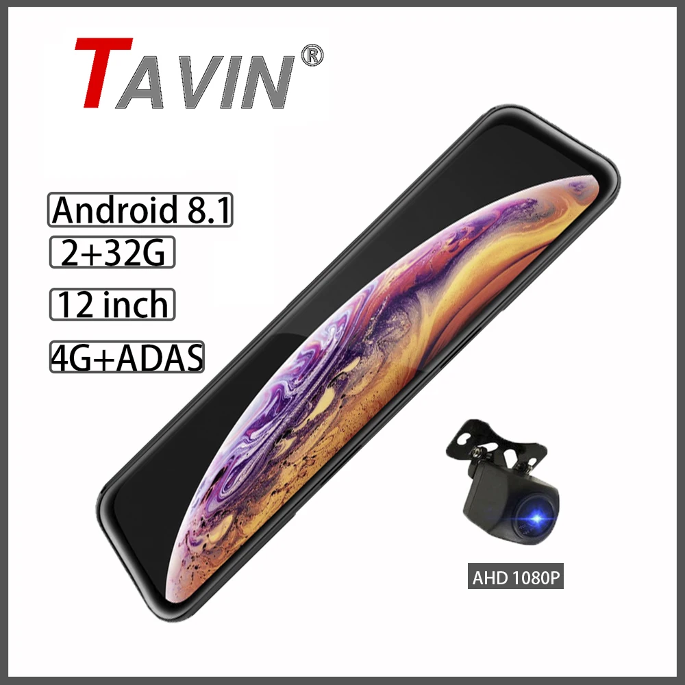 TAVIN 4G wifi DVR Android 8 1 ADAS Dash Cam 12 дюймов 1080P сенсорный экран зеркало с экраном камеры