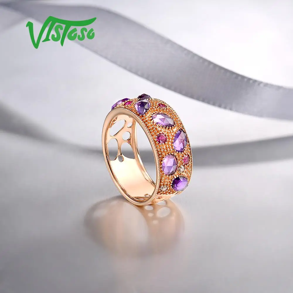 

VISTOSO 14K 585 Rose Gold Ring For Women Sparkling Diamond Ruby Fancy Amethyst Engagement Anniversary Unique Gift Fine Jewelry