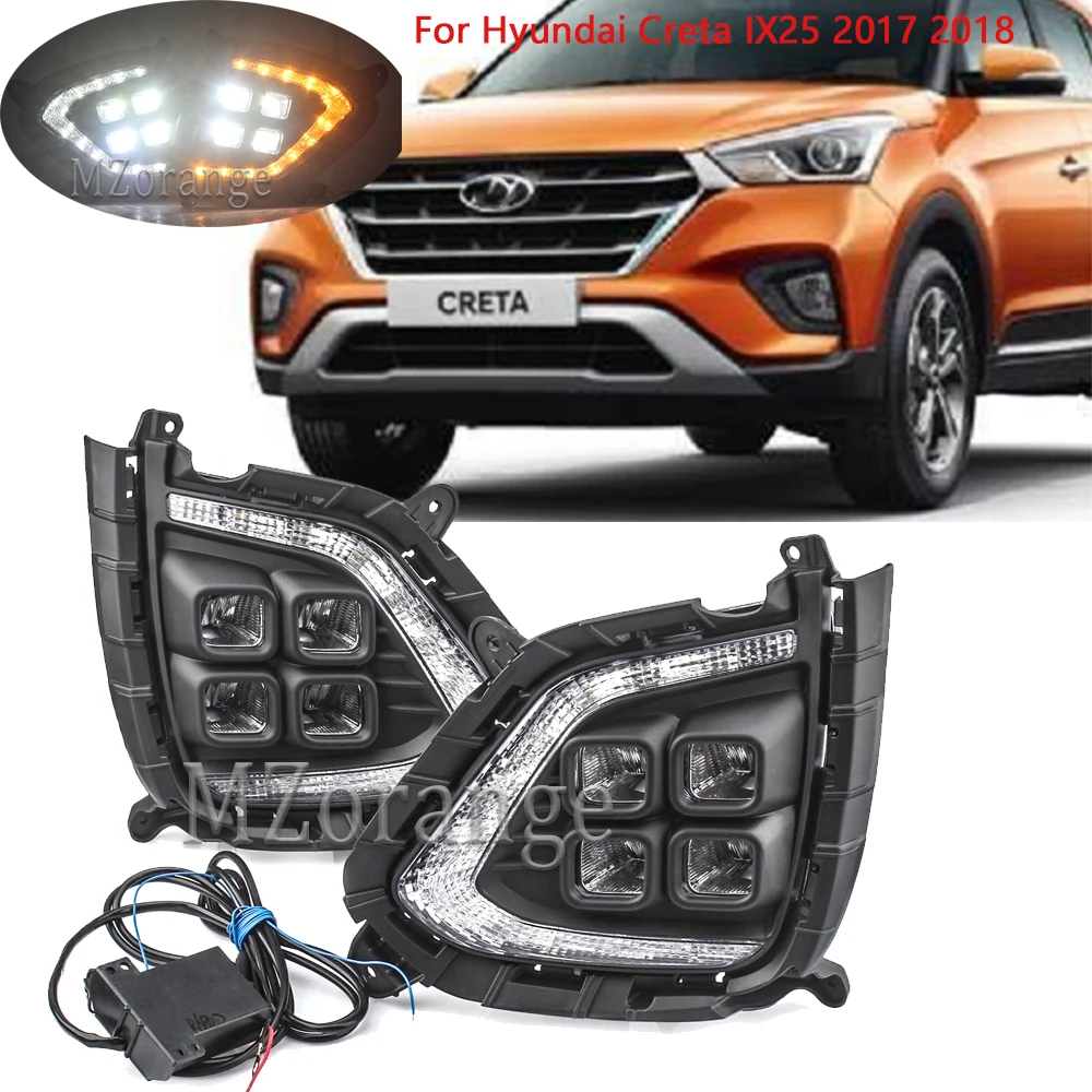 MZORANGE 2 шт. светодиодный DRL Дневной ходовой светильник для hyundai Creta IX25 противотуманная фара с желтым указателем поворота индийская версия