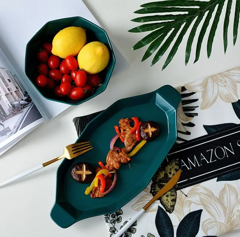 

Creative Ceramic Dinner Plate Dark Green Tableware Couverts De Table Household Bowl Dishe Bakeware Kitchen Dinnerware Fish Plate