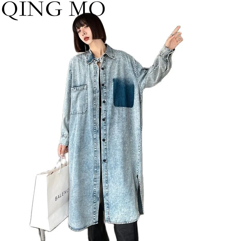 

QING MO 2021 Spring And Autumn New Women Clothing Washed Distressed Denim Dress Straight Loose Trench Coat TT125Q