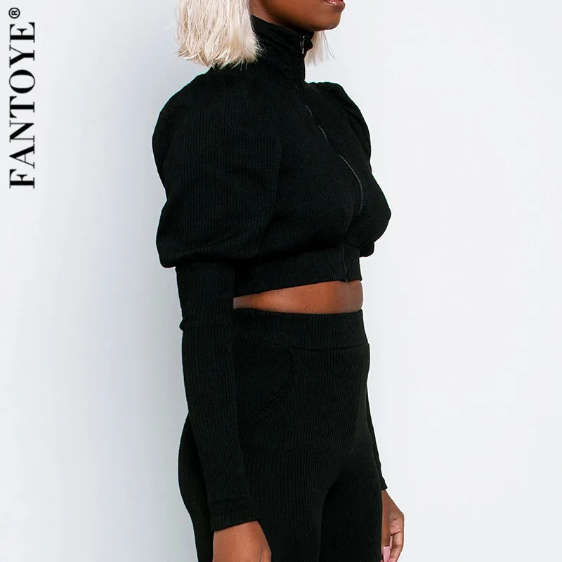 FANTOYE Casual Black Turtleneck Two Piece Set Jumpsuit Women Cotton Puff Sleeve Crop Top And Pants Elastic Sweatshirt Suits | Женская