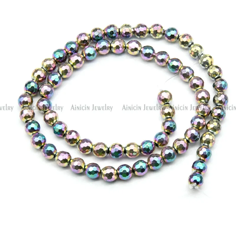

New Dreamy Color Rainbow Blue Light Gold Color Plating 6mm Faxeted Hematite Round Beads For Women Jewelry Making Findings