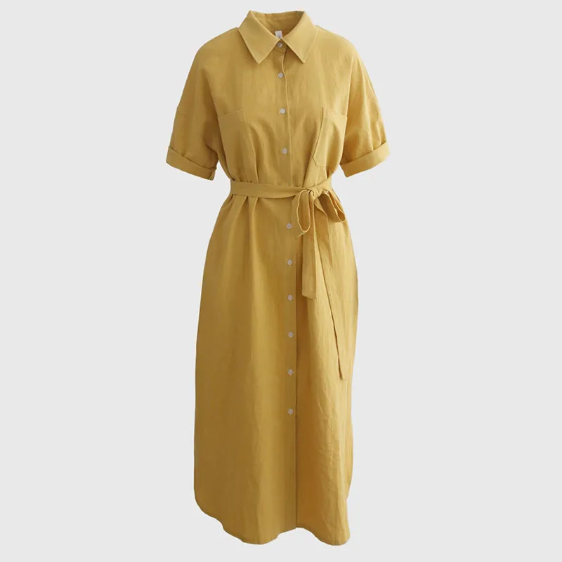 

NINI WONDERLAND Summer Korean Style Yellow Single Breasted Shirt Dress 2021 Women Loose Lace Up Casual Dress Vintage Dresses