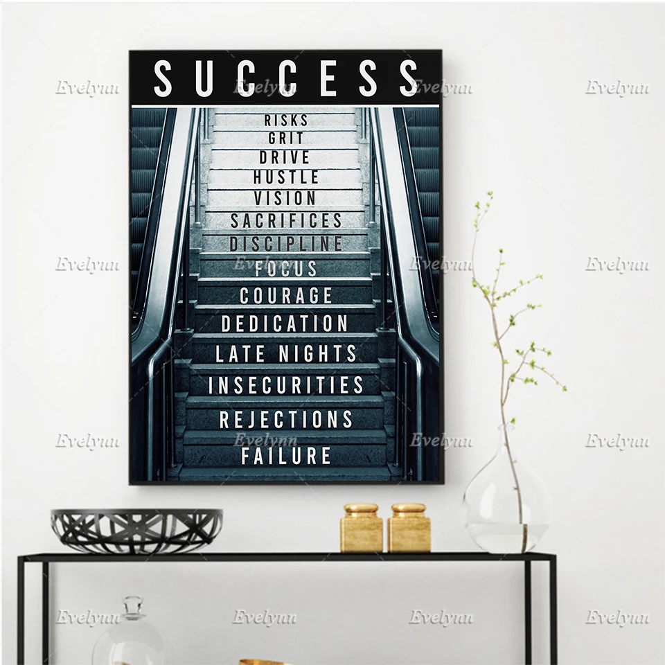 

Modern Motivational/Inspirational Canvas - There Is No Elevator To Success Wall Art Poster Office/Home Decor Floating Frame