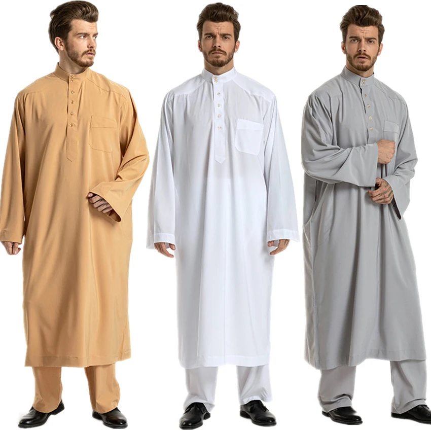 Мусульманская одежда мужская Арабская абайя длинный рукав карманный Воротник