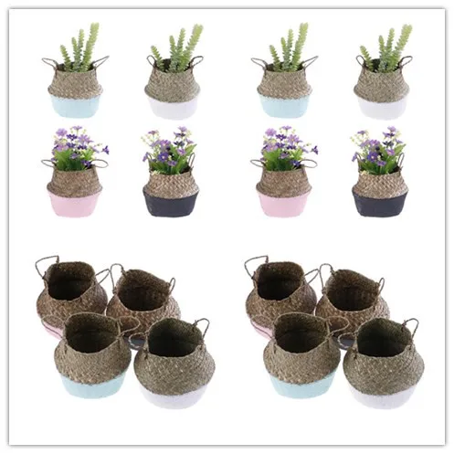 

Handmade Wicker Basket Bamboo Seagrass Flower Pot Storage Basket Foldable Straw Patchwork Rattan Seagrass Belly Garden Decor