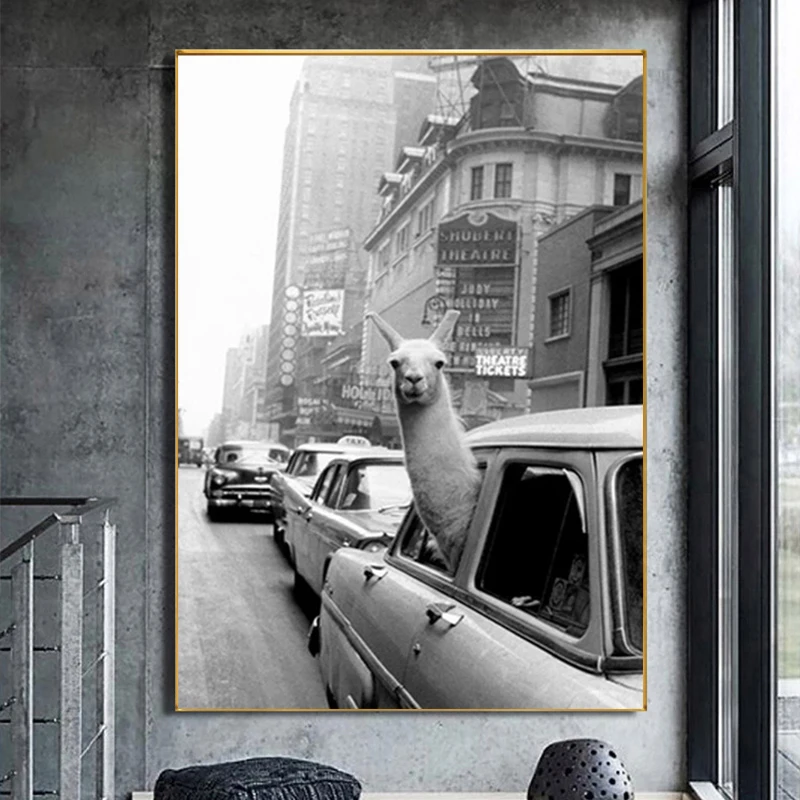 

Abstract Animal Alpaca In A New York City Taxi Nordic Canvas Painting Poster and Print Wall Art Pictures for Living Room