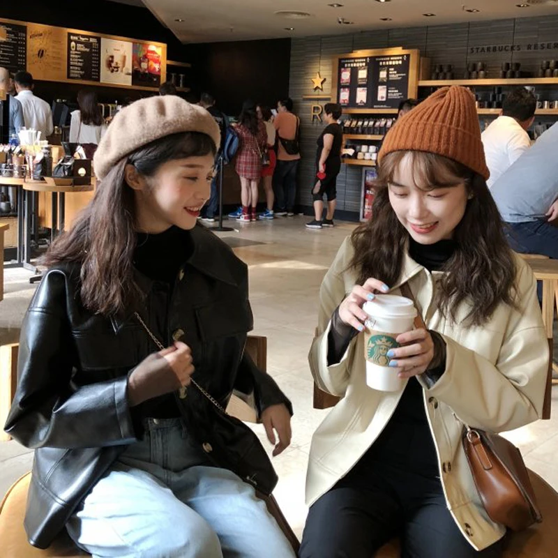 Куртка женская из искусственной кожи осенняя черная свободная 2020 | Женская