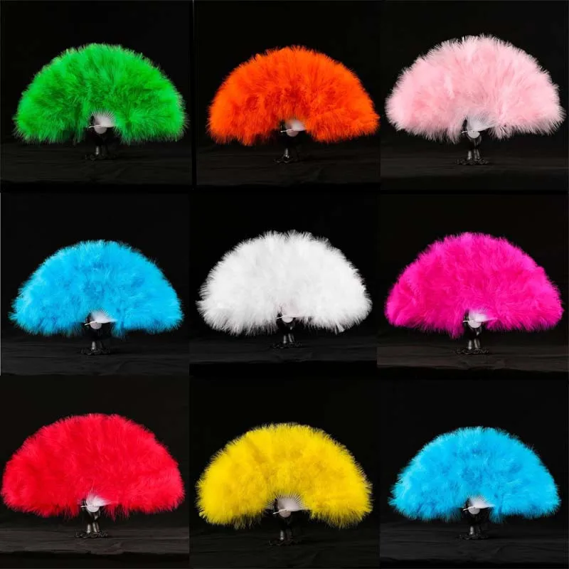 

2022 New Colorful 28 Rib Fluffy Fan Chinese Folding Marabou Feather Hand Fan Dance Performance Props Wedding Party Favors
