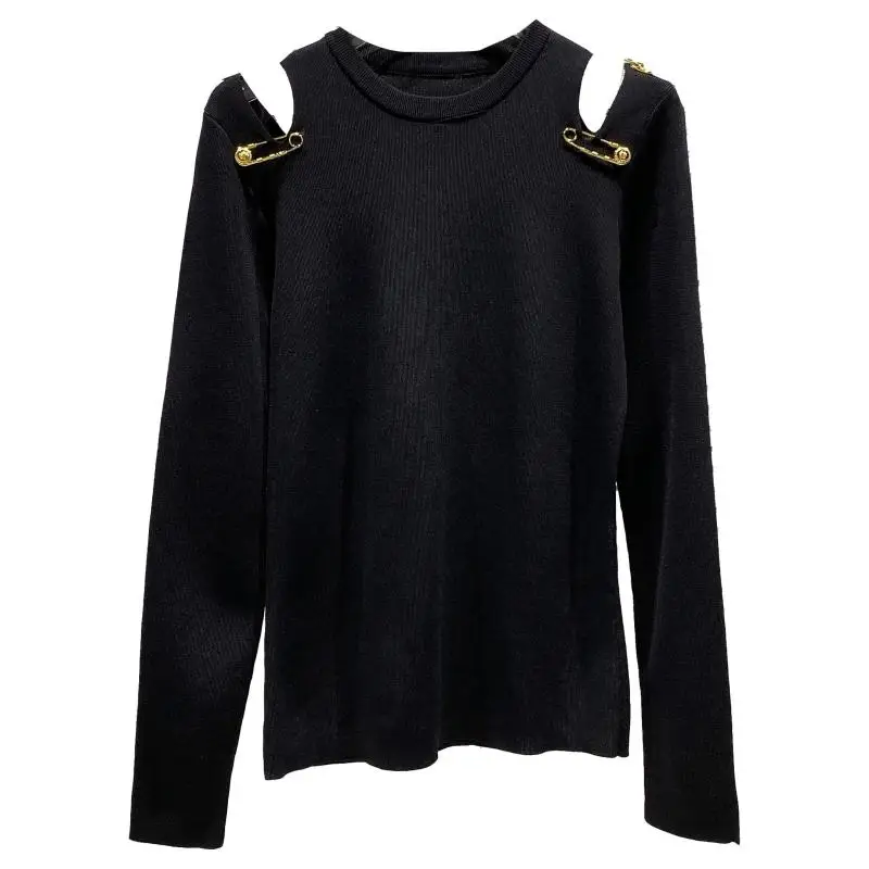 

2021 Spring New Golden Big Pin Strapless Round Neck Stretch Knitwear Woman Tshirts White Off Shoulder Top