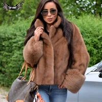 2022 fashion genuine mink fur jacket women with fox fur cuff thick warm winter natural mink fur coat real luxury overcoats short