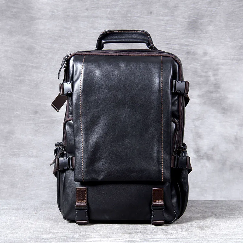 Casual natural genuine leather men s outdoor daily backpack fashion soft real cowhide women s black anti-theft laptop bagpack