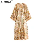 Женское винтажное кимоно с цветочным принтом, желтое богемное кимоно с поясом, V-образным вырезом и рукавами летучая мышь, макси-платье в стиле бохо, халат, накидка