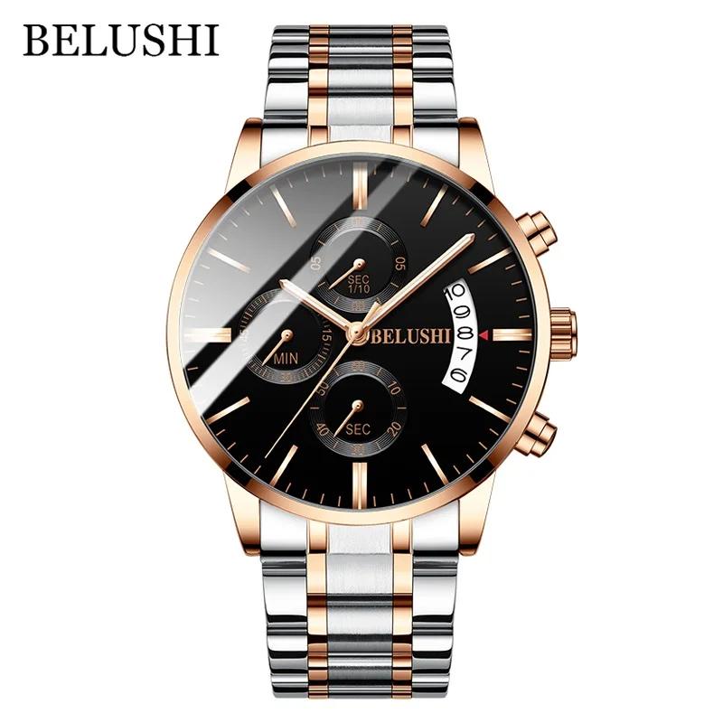 Silver Black Gold Мужские часы от роскошного бренда BELUSHI, высококачественные мужские деловые повседневные часы, мужские водонепроницаемые спортивные кварцевые наручные часы relogio masculino - Цвет: Silver Black Gold