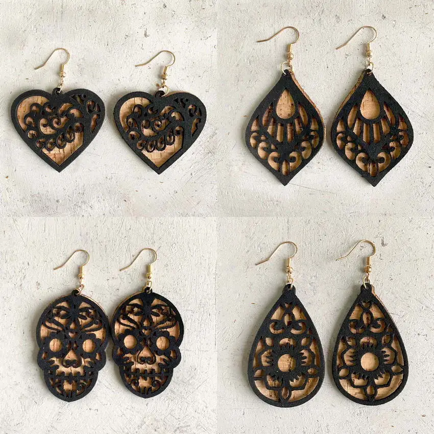 

Free Shipping Geometric Vintage Cork Leather Water Drop Hollow Black Suede Ghost Double Layered Halloween Earrings Women Jewelry