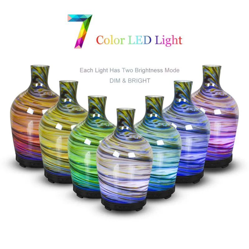 100ml Glass Humidifier Aromatherapy Oil Diffuser Cool Mist with Iridescent Lights Essential Oil Diffuser Waterless Auto Shut-off
