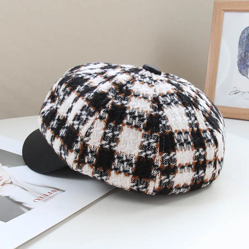 Новая восьмиугольная шляпа Fibonacci для женщин ретро клетчатый берет повседневные