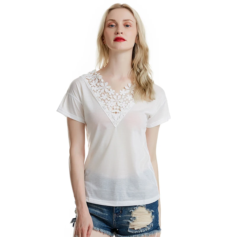 Повседневная Женская футболка с коротким рукавом кружевная обрезная одежда