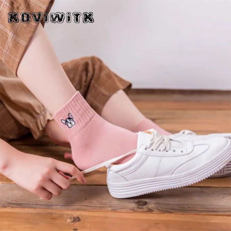 Cute French Bulldog Embroidery Five Colors Cotton Knitting Winter Autumn Warm Socks dropshipping harajuku anke Female Pug women