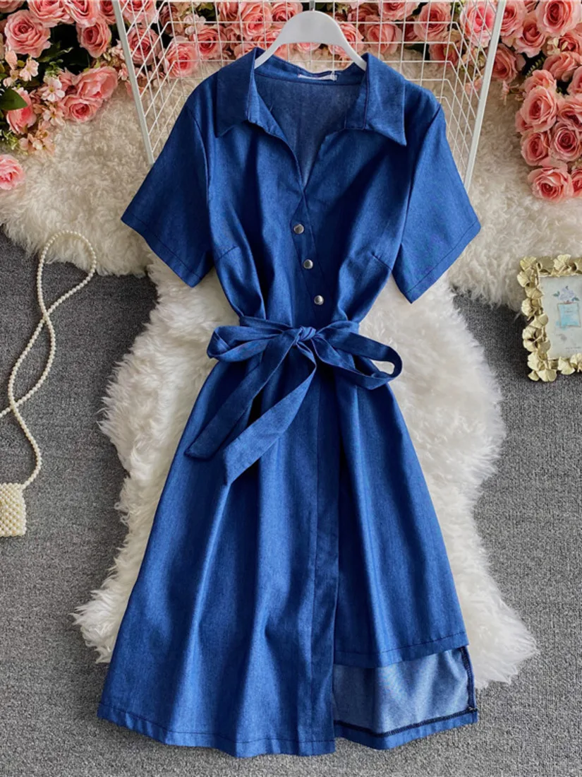 

Korean fashion Loose Short Sleeve Denim Shirt Dress Casual OL Summer Spring Slim Waist V-neck Irregular Blue clothing For Women