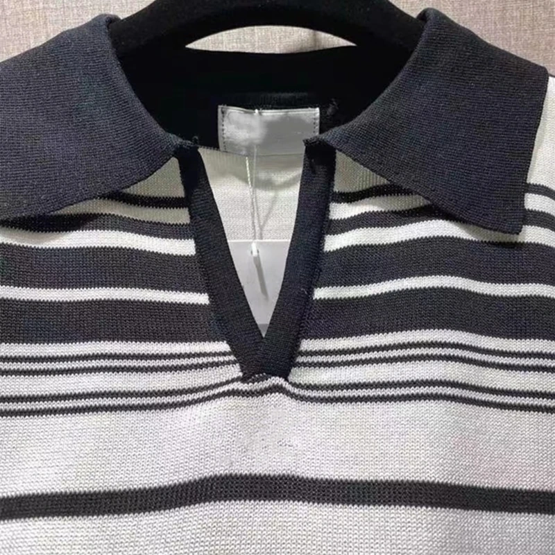 

2021New Women Spring Summer Strip Eturn-down collar Embroidery T-Shirt Ladies Pullovers Female Luxury Brand Casual Knitted Tops