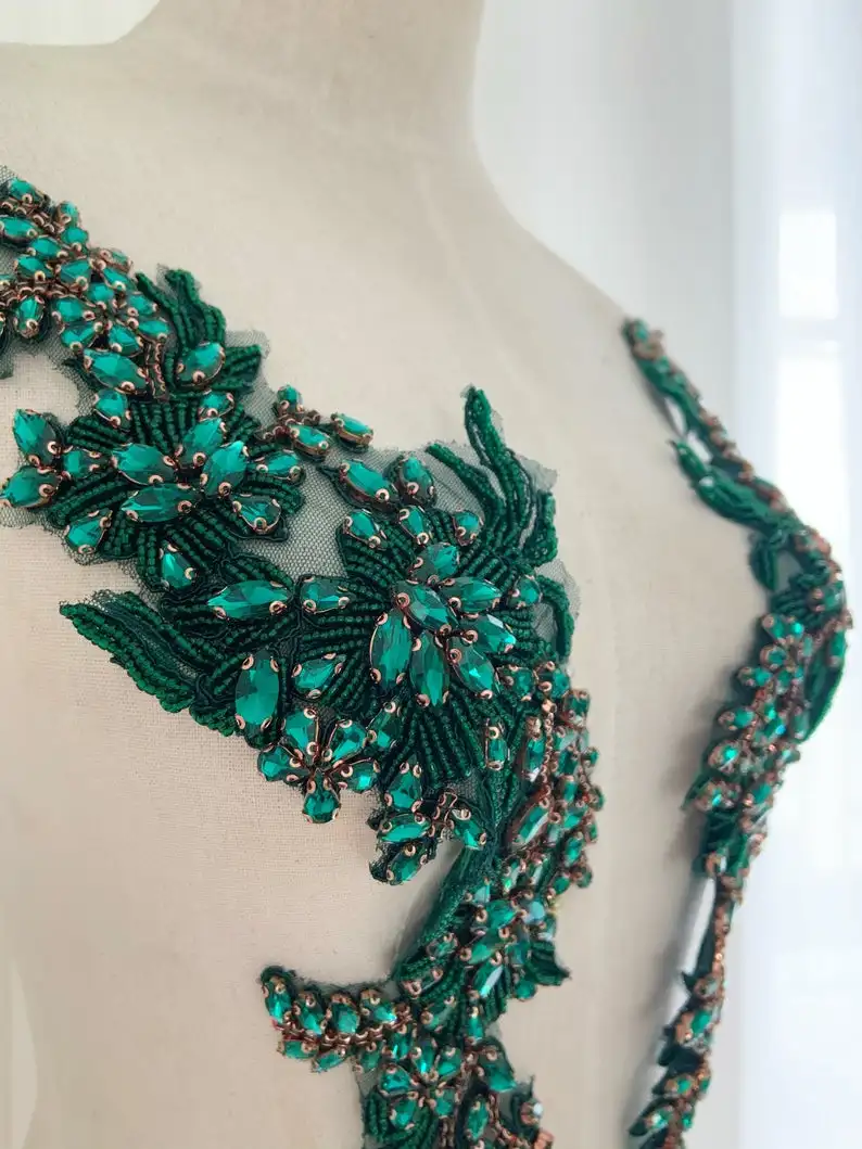 2021 Зеленый аппликация со стразами и бусинами лиф патч бисера Кружева Аппликация