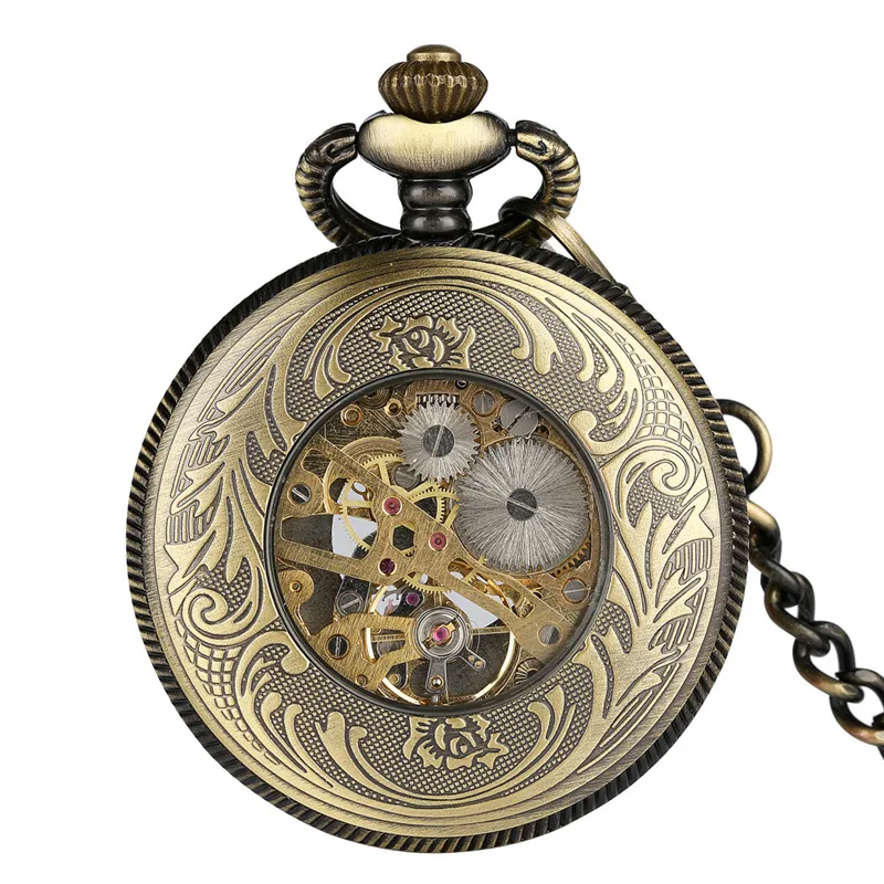 Antique Bronze Hollow Sun Flower Case Design Skeleton Handwind Mechanical Pocket Watch Gift to Men Women Roman Number Dial