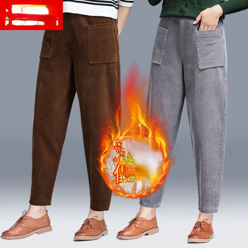 

2021 Spring Autumn Woman Solid Corduroy Harem Pants Female Fashion Casual Trousers Ladies High Waist Bottoms Oversize 3XL Q253