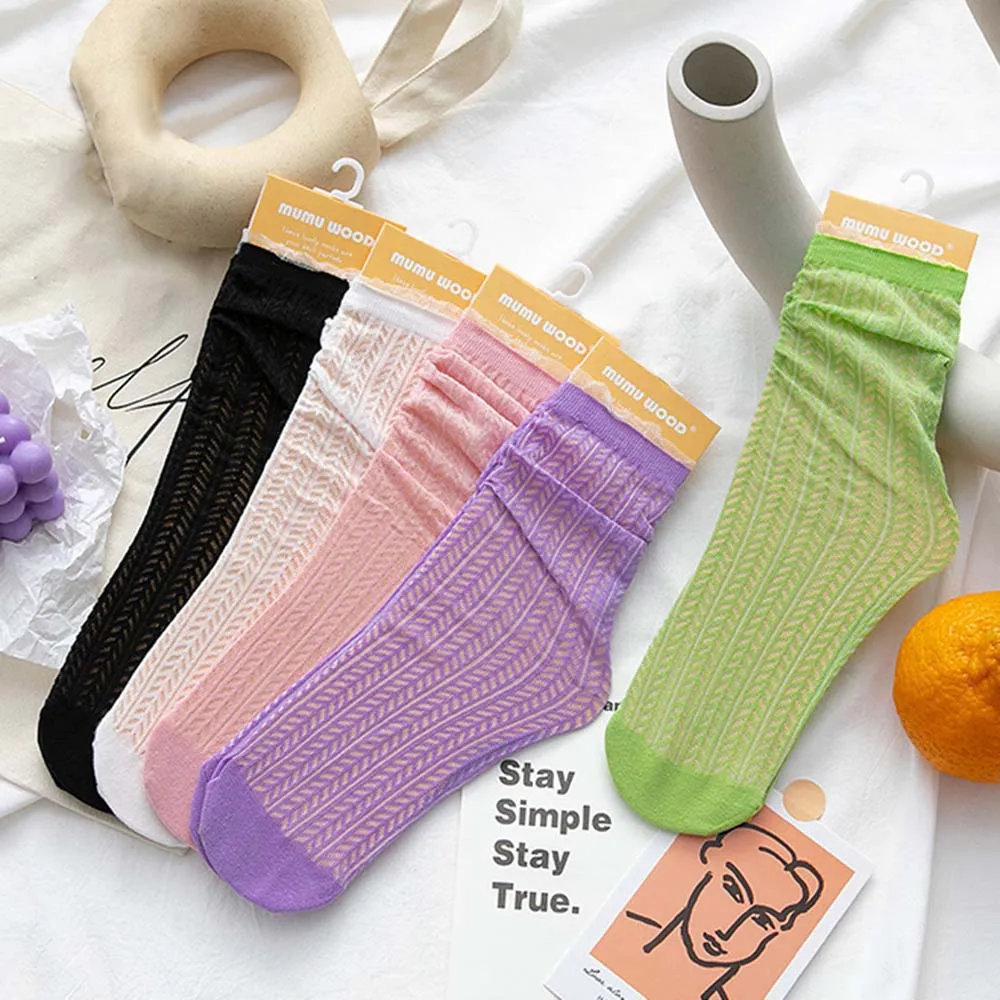 

Korean style Women Fashion Summer Socks Girl Lace Casual Cotton Mesh Transparent Pile Socks