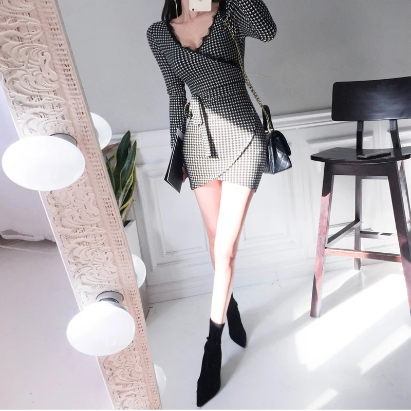 Женское облегающее платье с V образным вырезом и длинным рукавом|Женские платья| |