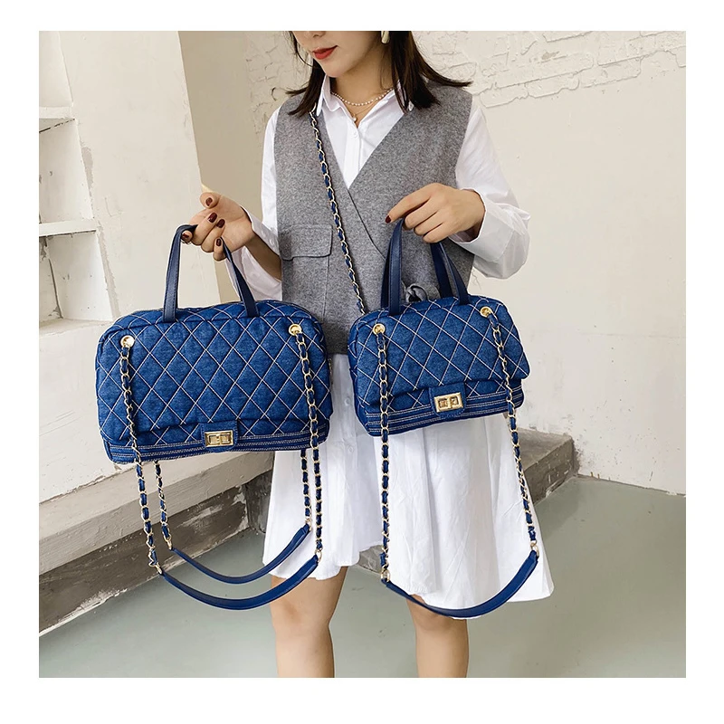 

2 Type Fragrant Style Rhombus Chain Bag Crossbody Denim Travel One-shoulder Handbag Large-capacity