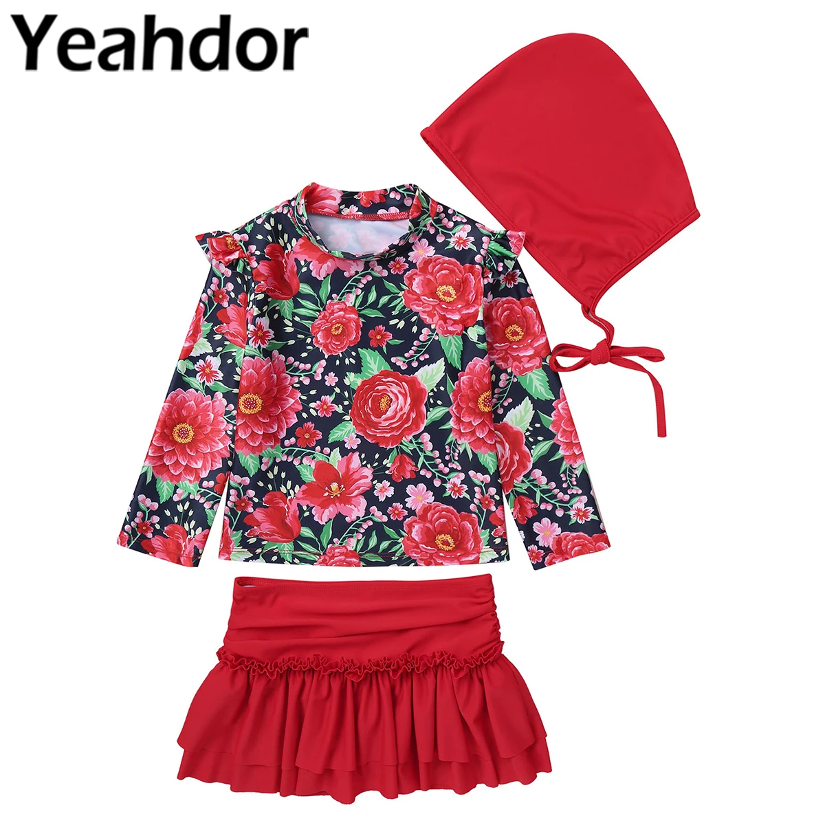 

Детский купальный костюм с цветочным принтом для девочек, топы с круглым вырезом и длинными рукавами и плиссированная юбка, комплект шапок, ...