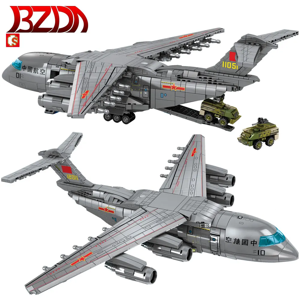 

BZDA Military WW2 Large Transport Aircraft Fighter Building Blocks High-tech Y-20 Plane Educational Bricks Toys For Children